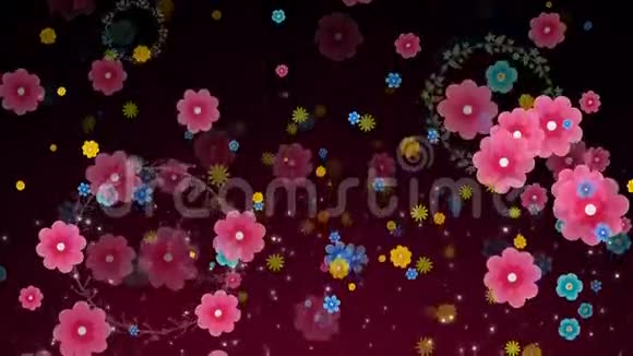 彩色花卉运动图形与花圈背景图案纹理的无缝动画4k循环视频的预览图