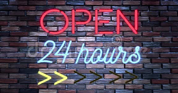 砖墙背景上闪烁的红蓝霓虹灯标志24小时开放店吧视频的预览图