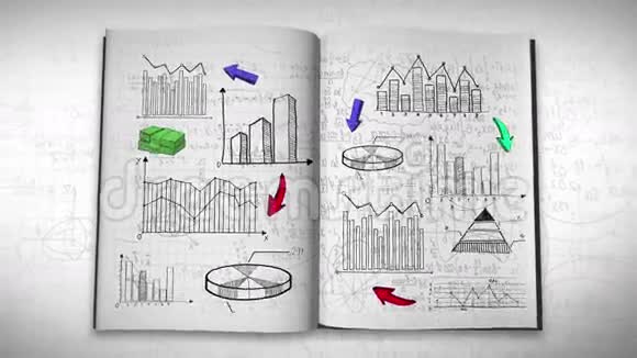 商业营销和金融等丰富多彩的统计信息涂鸦如笔记本上的图表和图表视频的预览图