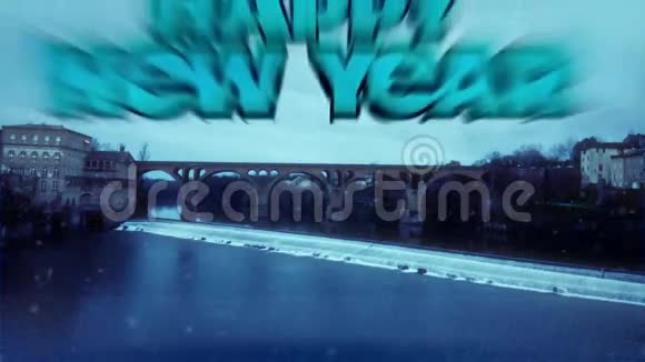 新年快乐冬天的风景桥在冻河之上视频的预览图