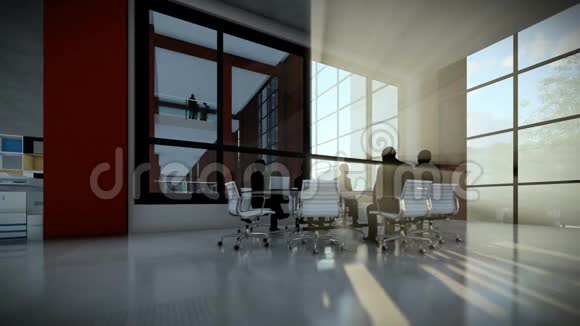 商务团队剪影会议日落时的办公楼倾斜视频的预览图