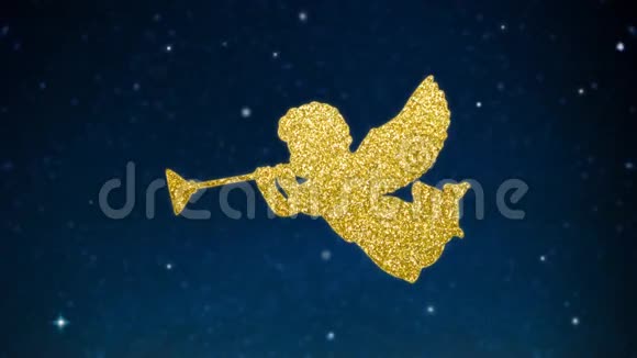 圣诞闪耀的天使轮廓与喇叭用金色的灯光繁星点点的夜空发光的星星节日假期视频的预览图