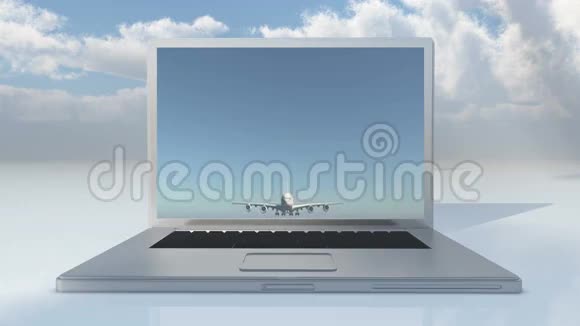 4k笔记本电脑播放飞机起飞飞过头顶蓝天背景的视频视频的预览图