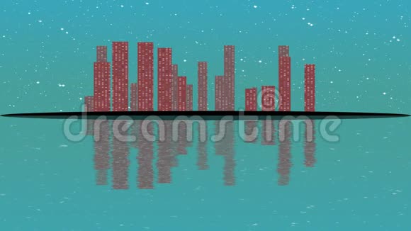 满月之夜城市景观插图与岛上的照明建筑摩天大楼闪耀成黑暗视频的预览图