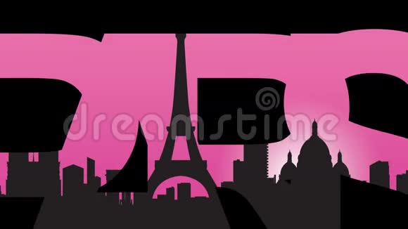 巴黎字幕和巴黎地标剪影4K动画粉色背景视频的预览图