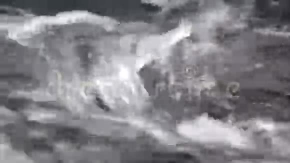 在山河清澈的冷水中冻住了雪白的大巨石小冰柱闪烁在嘈杂的溪流的水晶水之上视频的预览图