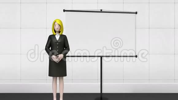 女商人角色显示演示手势指向前白板2包括阿尔法视频的预览图