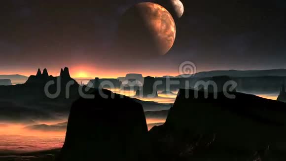 外星人星球上的两个月亮和日出视频的预览图