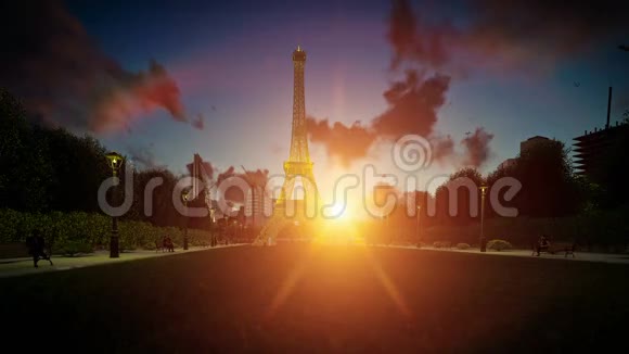 日落时在巴黎欣赏埃菲尔铁塔倾斜视频的预览图