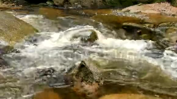 山河带寒晶水光滑的石头和泡沫的冷水水的噪音视频的预览图
