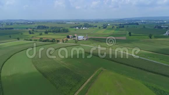 带绿野的阿米什农场和乡村的鸟瞰图视频的预览图