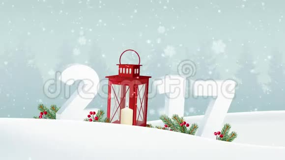 新年快乐2017白色的冬季景观有森林数字降雪圣诞装饰冷杉树枝红灯笼视频的预览图