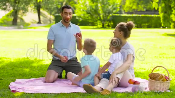 快乐的一家人在夏日公园野餐视频的预览图