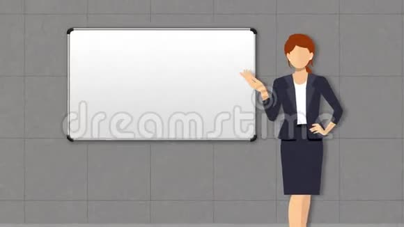 女商人角色显示演示文稿手势指向会议室前白板视频的预览图