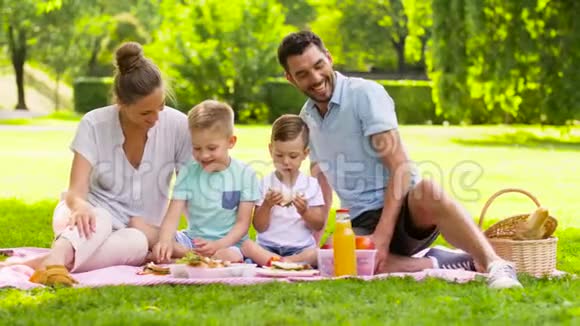 快乐的一家人在夏日公园野餐视频的预览图