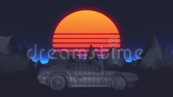 复古未来无缝动画的汽车与太阳在背景视频的预览图