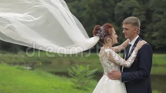 公园里湖边有新娘戴着面纱的新郎新婚夫妇视频的预览图