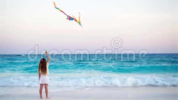 日落时在热带海滩放风筝的小女孩孩子在海边玩有沙滩玩具的孩子视频的预览图