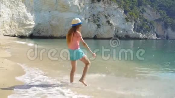 可爱的小女孩在海滩度假玩得开心视频的预览图