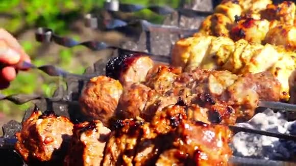烤架上的鸡肉和小牛肉烤肉视频的预览图