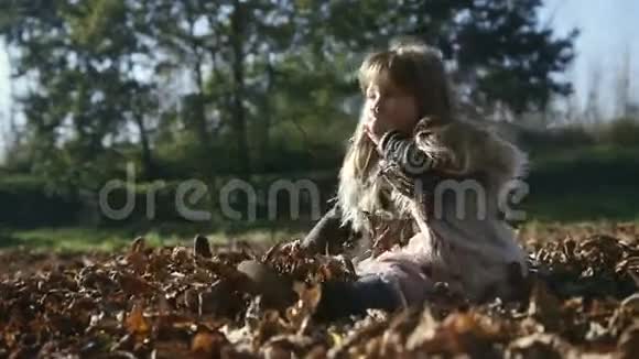 小女孩在秋天公园户外玩耍视频的预览图