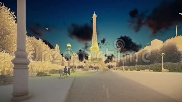 日落时分巴黎的埃菲尔铁塔美景尽收眼底粉笔般的外观泛舟视频的预览图