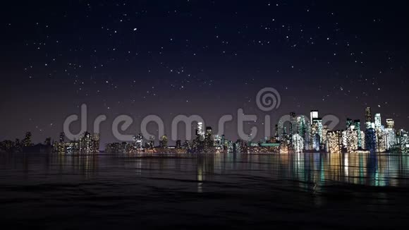 夜间城市时间临近河流三维渲染视频的预览图