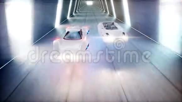 未来派种族飞车在SCIFI隧道快速驾驶科里多尔未来的概念逼真的4K动画视频的预览图