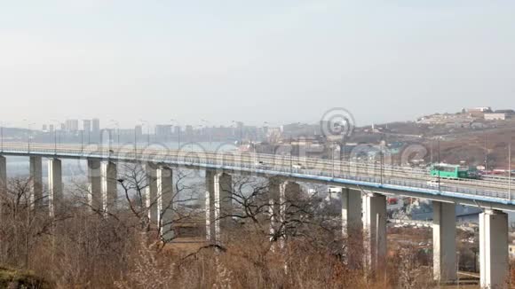 穿越哈巴罗夫斯克市阿穆普河的铁路和公路桥视频的预览图
