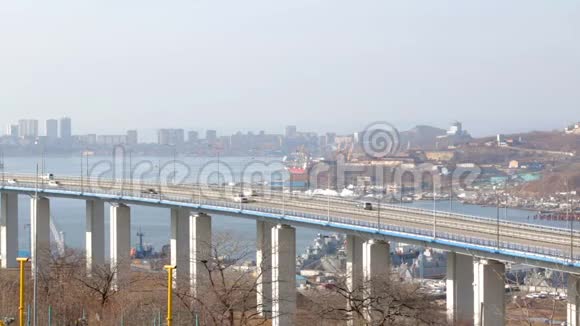 穿越哈巴罗夫斯克市阿穆普河的铁路和公路桥视频的预览图