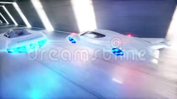 未来派种族飞车在SCIFI隧道快速驾驶科里多尔未来的概念逼真的4K动画视频的预览图