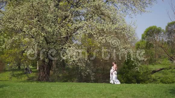 年轻的旅行者孕妇在公园里散步跑步转身享受闲暇时光视频的预览图
