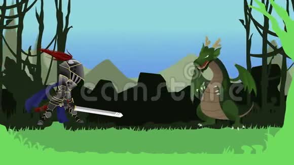 在中世纪奇幻RPG游戏中一个骑士战士用他的大剑战斗并杀死一条龙的无缝动画卡通视频的预览图