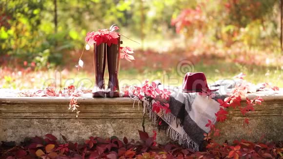 秋天的花园在石凳上有一条毯子一个枕头一篮子苹果和一顶带有橡胶靴的勃艮第帽视频的预览图