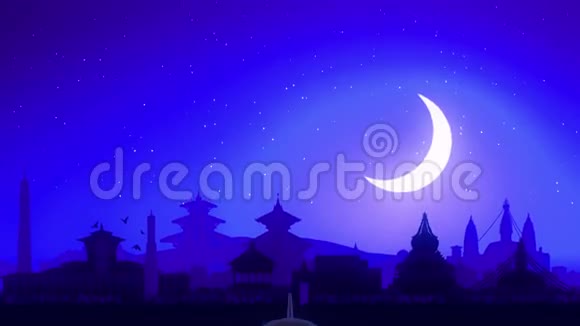 加德满都尼泊尔中央飞机起飞月夜蓝天线旅行视频的预览图