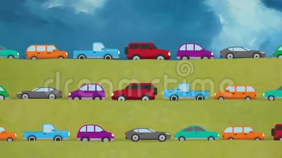 在乡村三个方向行驶的卡通矢量汽车视频的预览图