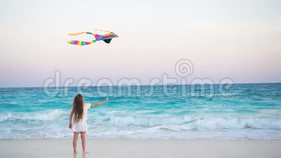 日落时在热带海滩放风筝的小女孩孩子在海边玩有沙滩玩具的孩子视频的预览图