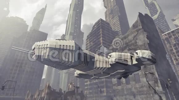 宇宙飞船起飞了一个受损的城市视频的预览图