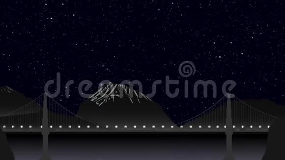 夜晚桥上的车水马龙山清水秀天空晴朗星星和月亮时间推移视频的预览图
