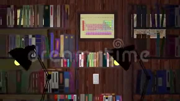 带有书架的卡通图书馆和带有绿色屏幕的电脑视频的预览图