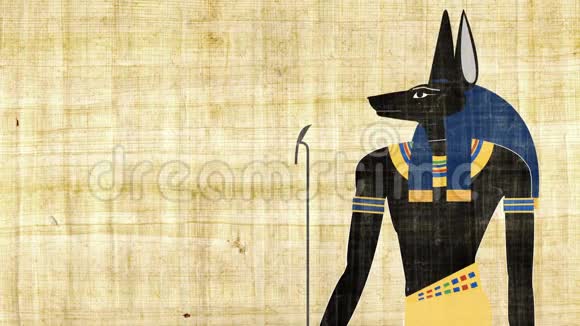 埃及死亡之神阿努比斯在纸莎草背景下视频的预览图