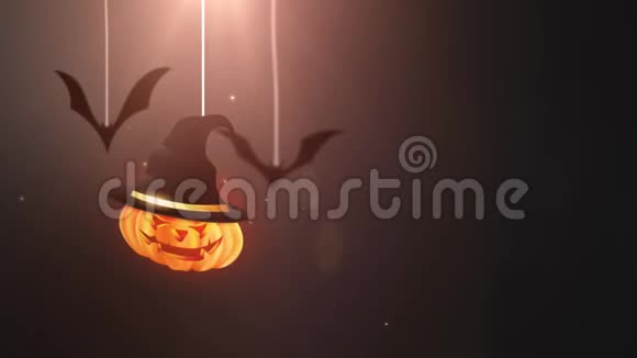 万圣节黑色背景动画南瓜和蝙蝠掉下来挂在弦上视频的预览图