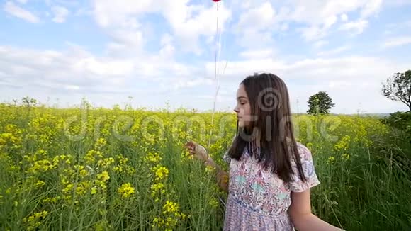 穿着裙子的小女孩手里拿着气球穿过黄色的麦田缓慢的动作视频的预览图
