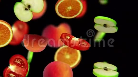 切片的水果落在黑色背景上无缝环CG视频的预览图