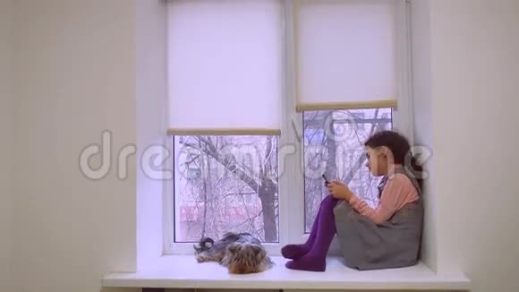 女孩在网上玩网络游戏宠物智能手机和狗坐在窗台窗台上视频的预览图