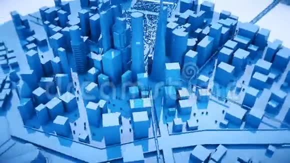 一个相机在蓝色城市建筑周围移动的抽象动画视频的预览图