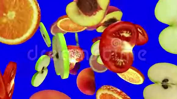 圆形水果片从蓝色屏幕顶部掉落无缝环CG视频的预览图