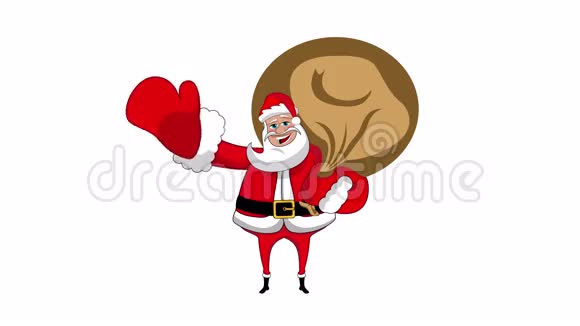 快乐圣诞老人手持麻袋挥舞动画阿尔法频道视频的预览图