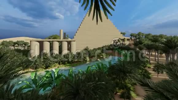 金字塔在撒哈拉绿洲3D渲染视频的预览图