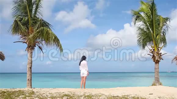 热带假日海滩上的年轻美女视频的预览图